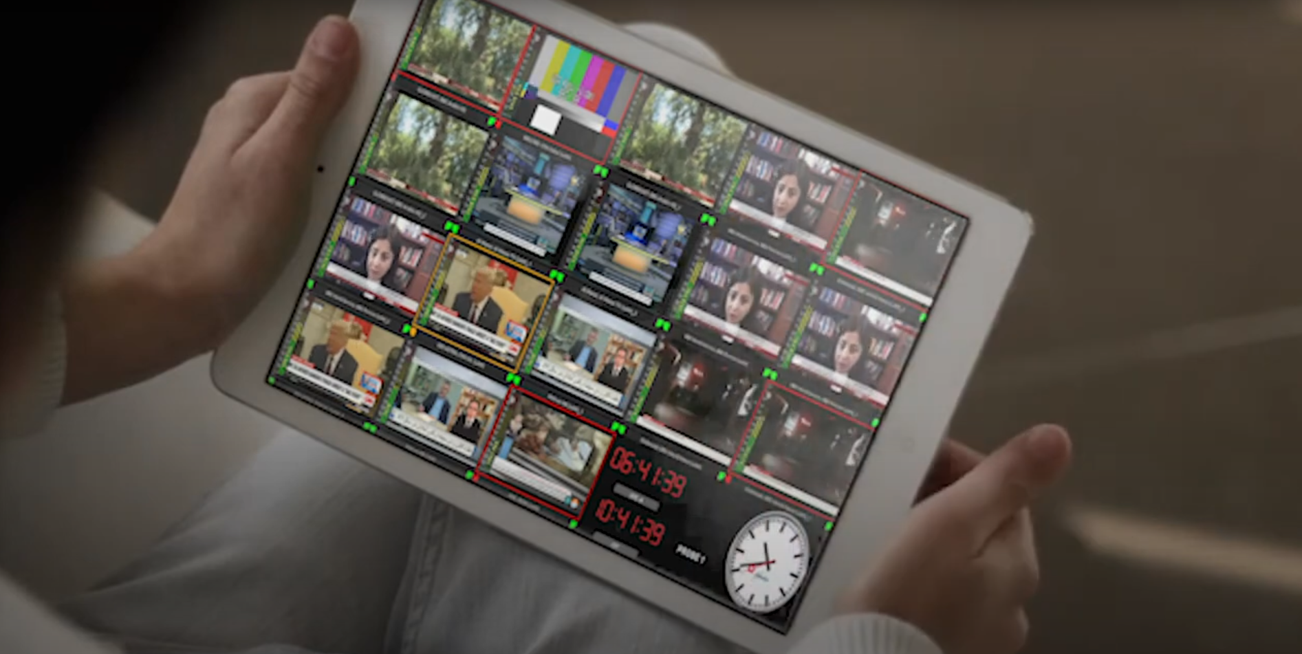 Tablet showing the multiviewer stream with multiple camera angles, and a full-screen single camera view