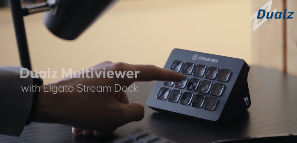 Elgato Stream Deck device next to a multiviewer display, with each button mapped to a different layout preset